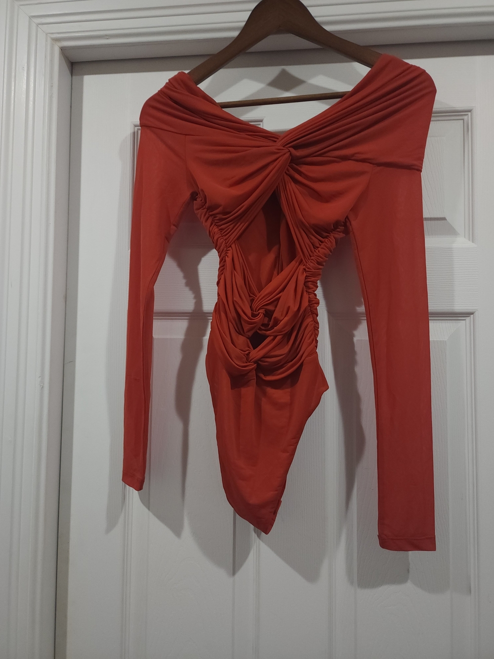 Ronny Kobo Collection Rust Orange Ruched Open-Back Bodysuit